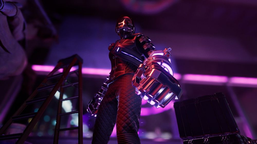 A low shot looking above at a woman with a metallic mask and big metallic fists with blue neon, standing ominously ready to attack. 