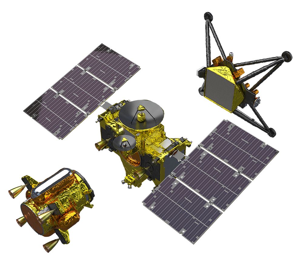 Vue éclatée des trois modules de la sonde MMX. Le « module d'exploration » (en haut à droite) est équipé de quatre jambes dotées d'un excellent amortissement. Il est conçu pour atterrir en toute sécurité sur Phobos, dont la gravité est 1/1000e de celle de la Terre.