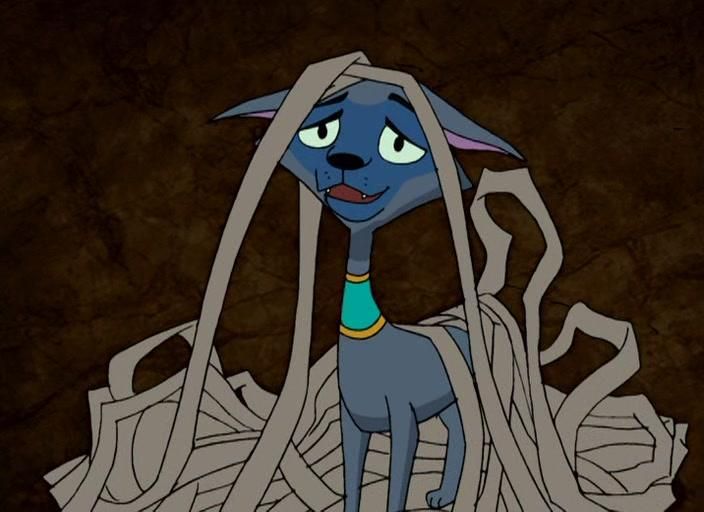 A blue feral cat wearing Egyptian style jewelry.