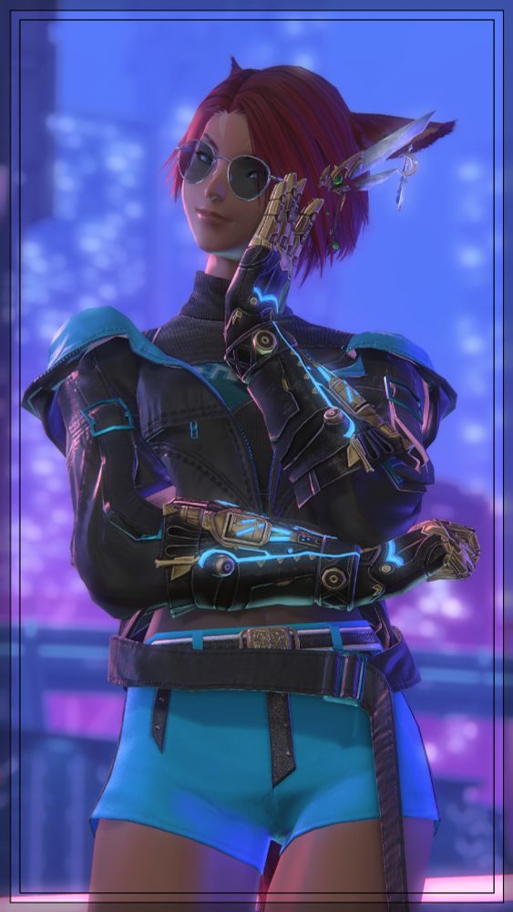 Jihja stands before the neon-washed Solution Nine skyline. Dressed in a black and turquoise jacket and shorts ensemble, she coyly adjusts her tinted shades while cocking her head at the viewer, a grin playing on her lips.