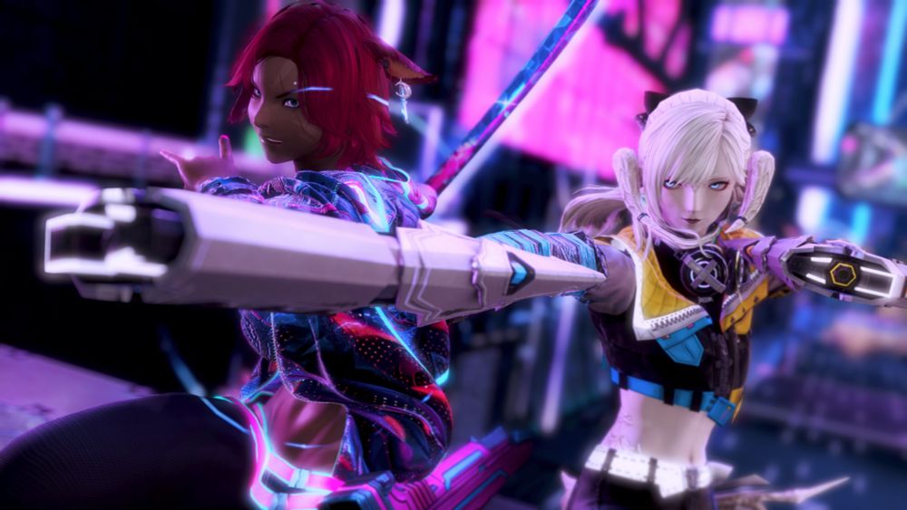 A neon washed scene in Solution 9 in which two women, a redheaded miqo'te and blonde Au Ra, stand with a katana and twin blasters against an unseen adversary. They exude confidence at the front of a long corridor street leading back into the Arcadion.