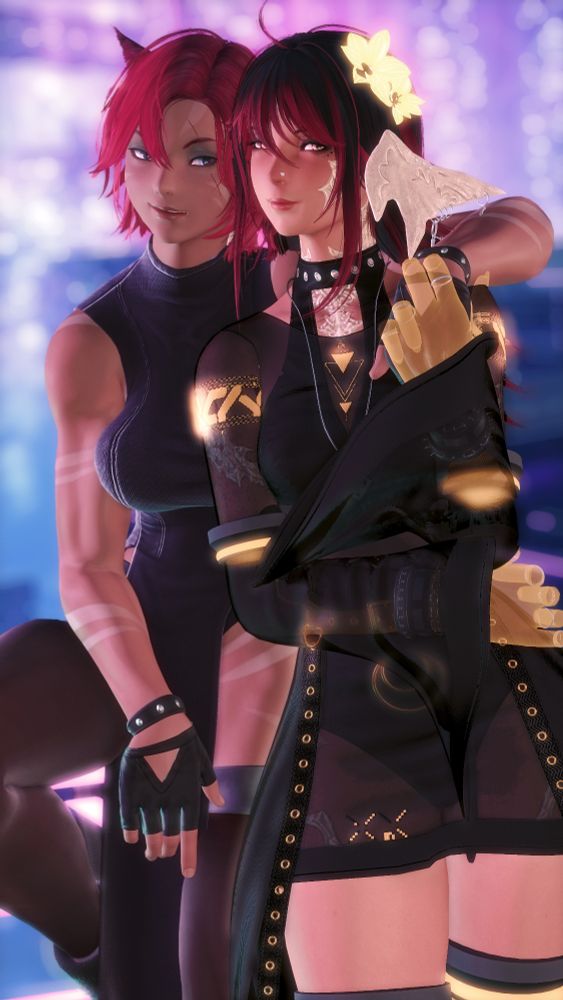 A pair of women in front of a vista of Solution 9's skyline. The miqo'te redhead sits on a holofence, a little higher than her Auri partner, and winds her arm around the latter's shoulder. The Au Ra's holographic hand signals receptiveness, as she holds the hand. Her other rests on her  hip. They are both wearing long garments, with the miqote's lacking sleeves and showing off muscular arms, and the Au Ra favoring a more sheer design, accented with orange and yellow details of metal and light. A shining barrette of flowers adorns the Auri woman's hair. They both regard the viewer with confident smiles, the miqo'te's a bit more roguish than the Au Ra's sweet beaming.