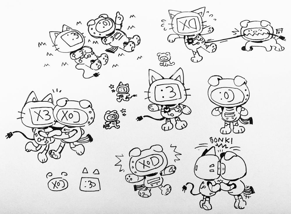 many doodles of my ocs, Chipset and Database, on a sketchbook page