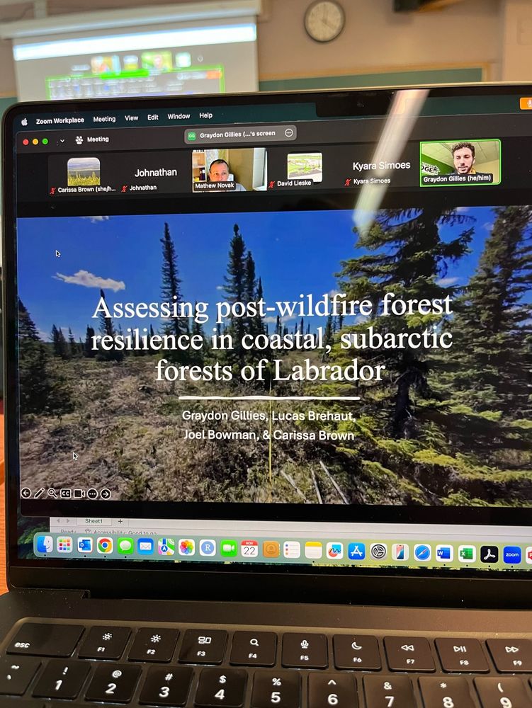 A photo of a laptop screen displaying a presentation titled “Assessing post-wildfire forest resilience in coastal, subarctic forests in Labrador”