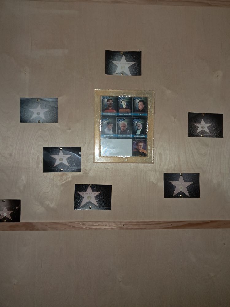 Frame containing Star Trek trading cards(Geordi, Data, Q, Spock, McCoy, Scott, O'Brien) surrounded by pictures of Star Trek actors stars from the Walk of Fame.