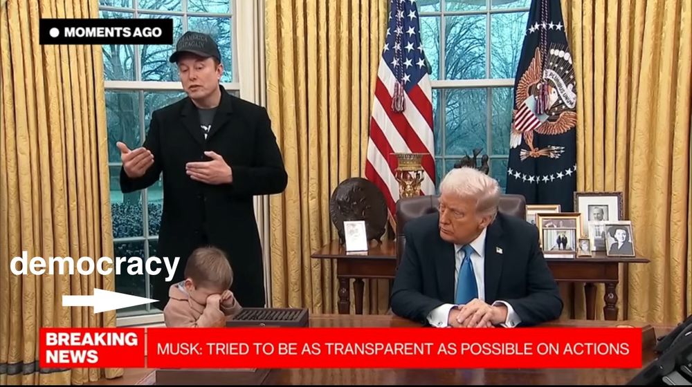 Photo showing a moment of the Video: Trump and Musk with his 4yo son. While his father was telling about DOGE and how to “save democracy” by completely cutting down administrations “for the sake of the people” - his son puts his hands in his little face like he was crying. An arrow pointing towards the little boy saying “democracy