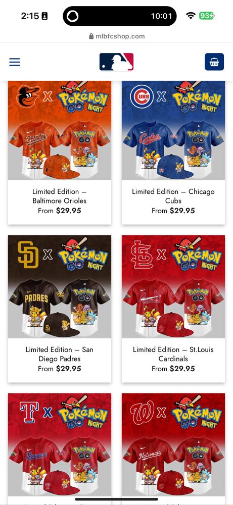 Screenshot of order page on the MLB app showing Pokémon Go co-branded merch for six teams