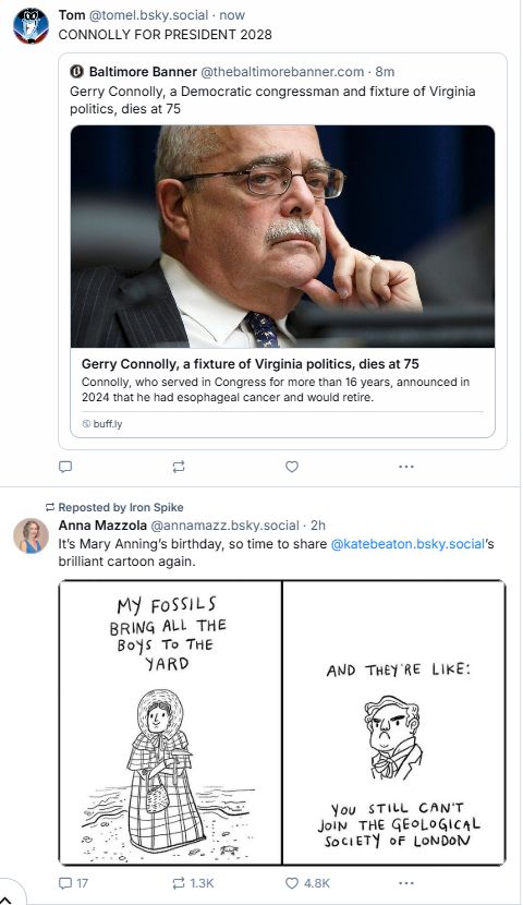 post to which this is a reply, juxtaposed in the feed above a post that is a joke about fossils