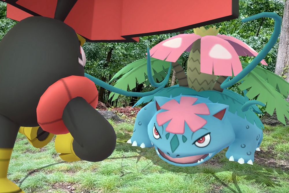 Mega Venusaur, a five-foot-long teal toad with a palm tree growing out of its back, whips its vines in an attack. Its target, in the foreground, is Tapu Bulu, a vaguely-Hawaiian Islander-aesthetic-inspired, vaguely-bull-shaped grass/fairy Pokémon.