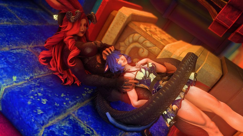 Irisia Deathsong and Keiko, who is enjoying some petting, from the dragoness. (Deathsong AU)