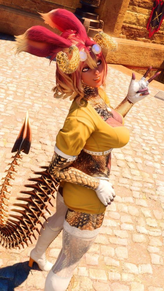 Deathsong poses in her Light Warden form with a smile on her face as she makes a sign with her hand. Her usual dark scales and horns now littered with gold along with her hair and crimson eyes. Her skin is deformed and altered by her current state. Her clothing is of whites and bright yellows and golds. Her ruby shade have taking on a opal like appearance and a large glowing opal rests in a necklace around her neck. Her clothing is a short top and a pair of shorts with thigh high stockings and knee high boots.