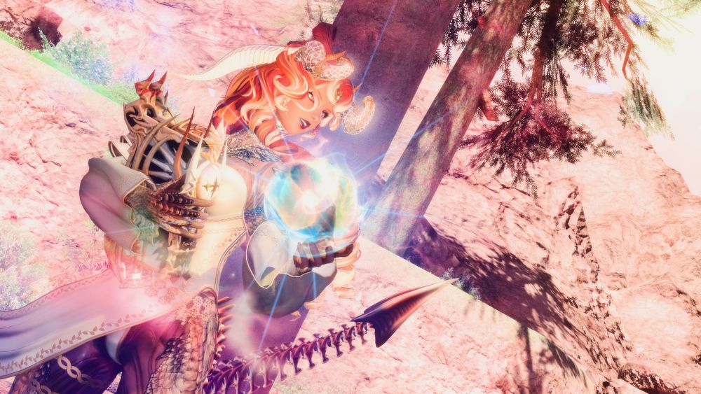 Irisia Deathsong trains herself in her Lightwarden form, only to be interrupted by something. She is dressed in a white dress that leaves her legs free to move. Golden details trim the dress and the detached flowy sleeves that pair with it. Her boots reach under her knees and upon her head are her glowing black horns that radiate a golden light, while a second set shoots back in a pure white color. Her scales that are normal black with a red hue are now golden with accents of white and black as her skin is now a off hue and also warped in other ways. Her tail is bone-like with a spear tip. In her hands she holds her grimoire and an orb or radiant light.