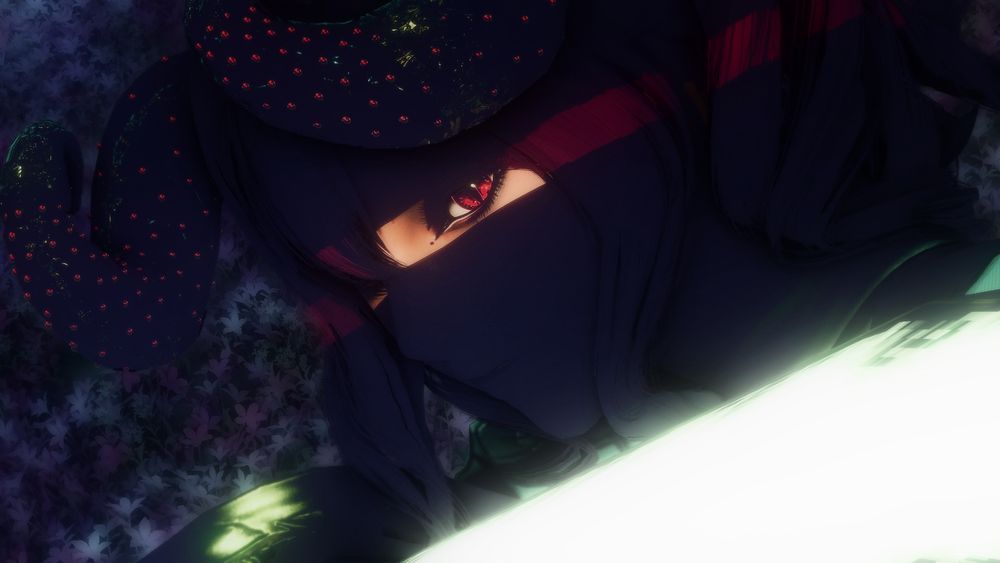 Irisia Deathsong holds a sword in hand that glows with her aether flowing through it. A thin light highlighting one of her red eyes.