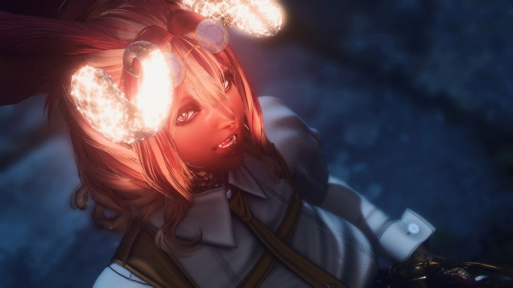 A close up of Light Warden Irisia Deathsong. Her hair is gold and red with red eyes that shimmer with gold in them. Her horns shine bright with a light Aether as she looks upon the view with a smile as she talks to them. Her left hand rests on her sword and she is dressed in whites and golds, reflecting her Sin Eater form. One can see her neck scales and those on her left hand, which are golds and blacks.