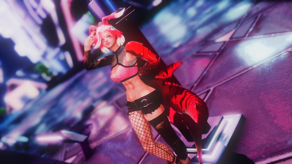 Thulia takes a break from her morning run and gazes off into the distance as she leans against a lamppost. Her running attire is a pair of well worn shorts with metal loops in the front and laced up. Her legs are sporting fishnet on her right leg and a mesh stocking on her left. Her top is a cyberpunk style pink sports bra and her shoes black with hot pink detailing. Thulia has bright pink hair with strikingly white highlights that also color the tips of her ear. The Viera still reverting from a the use of her Beast Soul and sporting a shark tail that is a hot pink, just like her hair. Thulia's left arm has been replaced with a cybernetic arm and her eyes have also be cybernetically enhanced to give the once blind Viera sight. Upon her head is a Regulator, which houses her Beast Soul. Her right arm and left leg are tattooed along with her back and a right side.