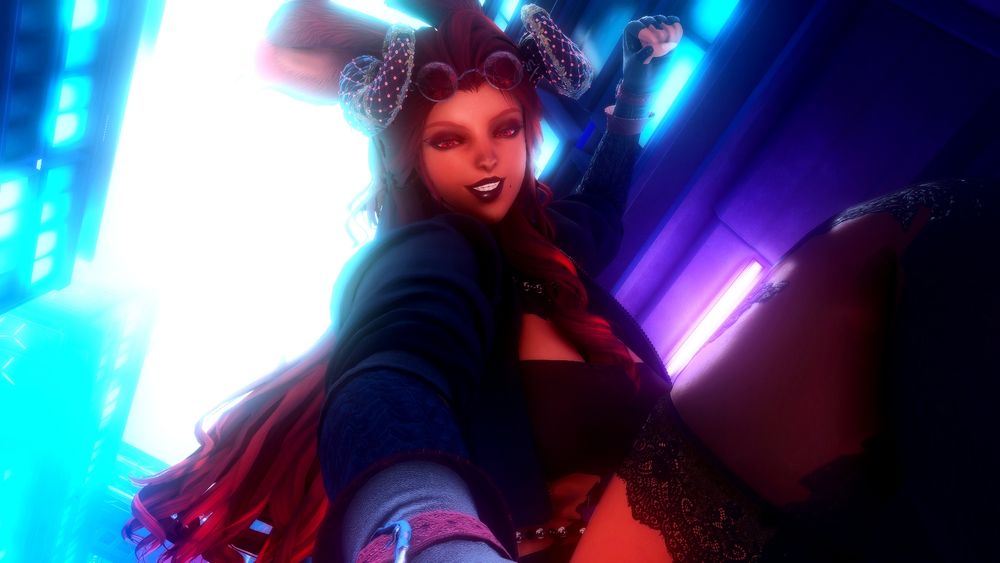 Irisia Deathsong holds down someone with her fist raised and a wicked grin on her face as she leers over them in Solution Nine.

Irisia is dressed in a black hoodie, shorts and boots. Her tube top and stockings are a dark red. Deathsong has long red hair that is pulled back for the most part, only part of her left sides hair done up with a curl and left free. Her body is mostly covered in scales and horns that match her dark scales, adore her head.