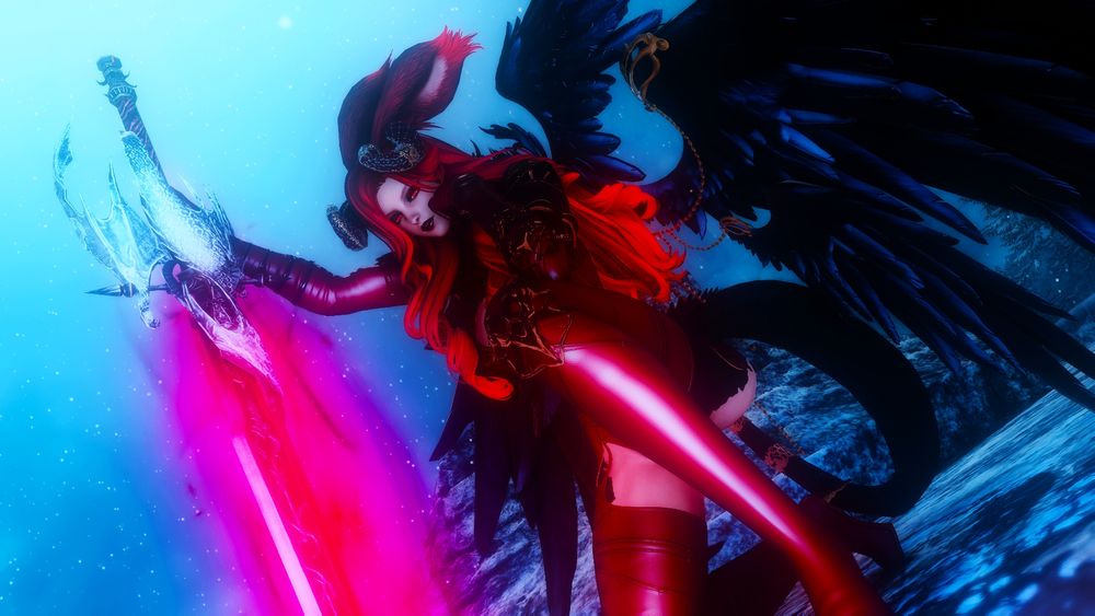 Irisia Deathsong kneels with a newly forged sword, inspired by another. Her crimson eyes wonder over the icy ground of the land she calls her domain. Away from the city and the growing sounds of people, Irisia reflects upon her time as her destiny eventually caught up with her. Now she had come to learn to accept it, at least to a point. Ishgard would be returned to those that once had it, as she had found she no longer needed such a refuge anymore. She would take to Dravania for a time and bring those of her kin back to an existence with those that started the war. She had connections in Idyllshire and with the help there. Her plan was to simply make this land work as it should have before all fell apart. Mayhap her lost uncle would return as well to lead those she would have to leave. Despite all these thoughts, one person comes to her mind that would have made all this easier, but she had lost sight of them some time ago. Her thoughts wishing only for their safety and that they found their place in all of this madness. She'd not urge them to return, for if their time had passed together, she must learn to not only accept it, but press forward as well herself.

Irisia Deathsong is dressed in thick red leather armor with metal decorative guards on her knees and elbows, while metal adorns her forearms, chest, and her shoulders in the form of heavy pauldrons. Her raven-like wings are on display as her tail moves about as she thinks. Her crimson hair blows in the winds as snow falls around her, as black horns lightly frost over. Her left hand supports her head as her mind wanders and in her right is her large two-handed sword that glows with her fury and is adorned with a black dragon with red eyes, the frost making it appear near white.