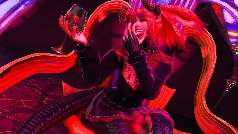 Void Queen Irisia Deathsong holding a wine glass filled with a deep red liquid as she licks at her hand and exposes her fangs with a wicked look upon her face. The lighting making the all the red upon her stand out more.