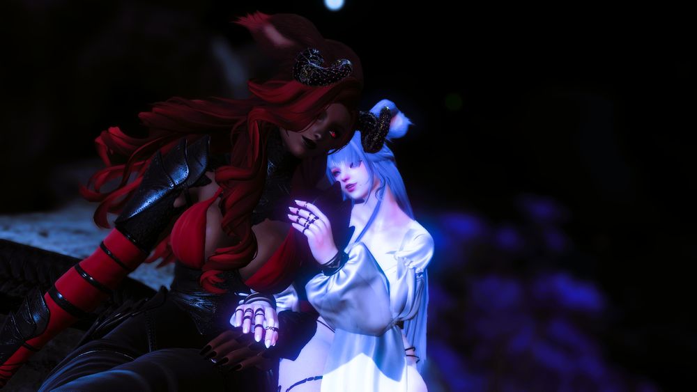Irisia Deathsong and Elysea cuddle under the moonlight on the First. (Deathsong AU)
