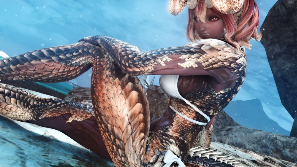 Irisia Deathsong in her Light Warden form at the beach sitting upon a rock as it snows. Her scales of black and gold cover much of her altered body, with a skull marking on her back. Her normally red hair is highlighted with golden locks and from them her horns of glow with light. She is dressed in a white bikini with bows of white at her hips and golden chains holding her bottoms together. Open toe wedges dress adorn her feet.