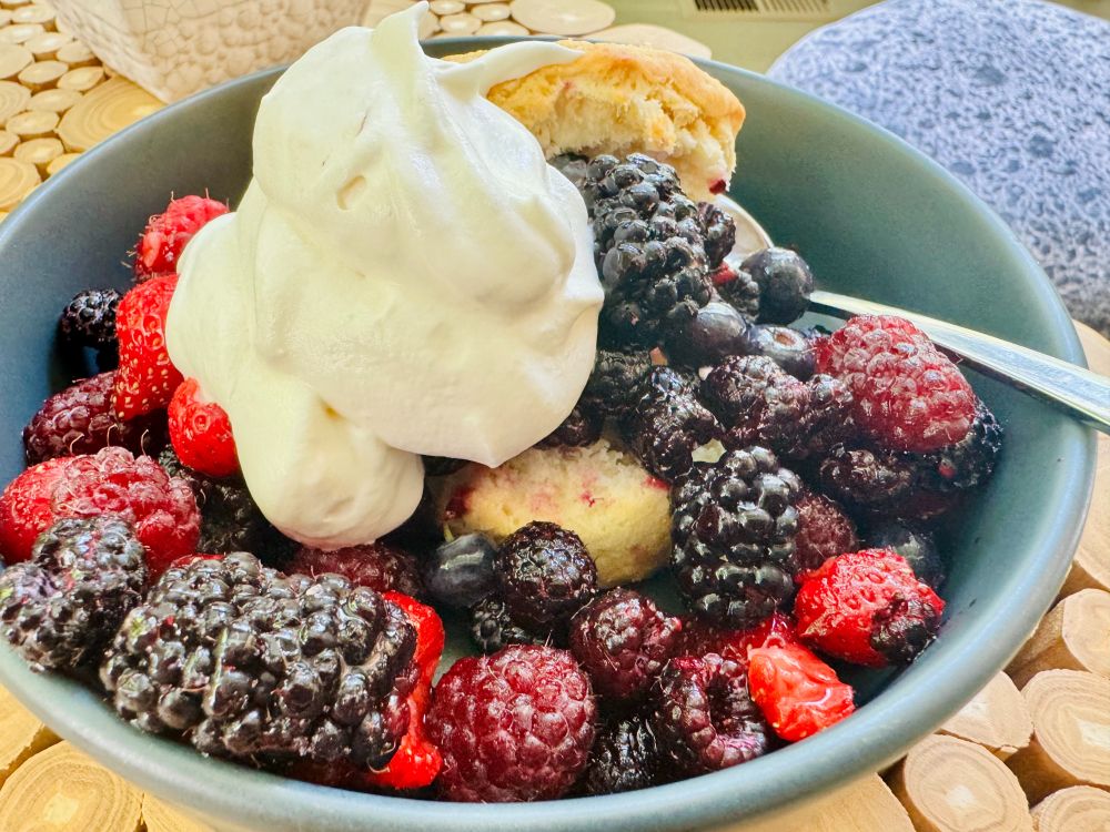 A bowl of homemade shortcake and whipped cream, along with blackberries, black raspberries, raspberries and strawberries. 