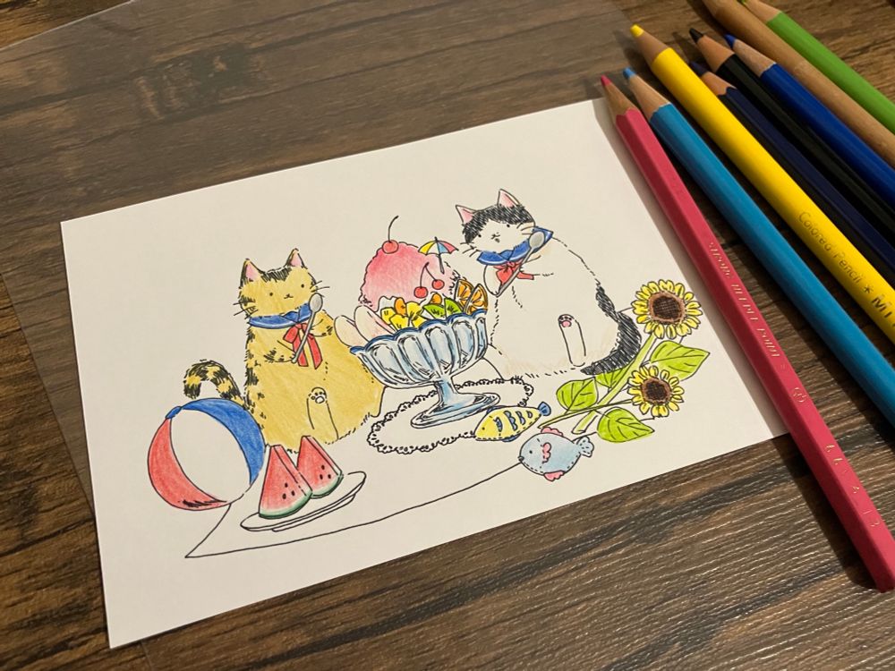 猫のとらふくのイラスト。かき氷やビーチボールも描いてある