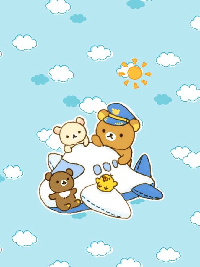リラックマ、コリラックマ、キイロイトリ、チャイロイコグマが飛行機のぬいぐるみに群がっているイラスト