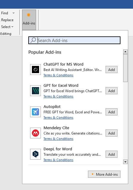 office 2016 add-ins, showing genAI crap. sure, Mendeley Cite and DeepL are also there but the rest is probably AI too.