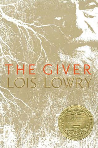 Book cover of The Giver by Lois Lowry. The cover mostly looks brown, but if you look closely, you can see grass, a tree branch, and an old man's face.