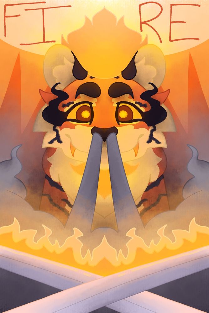 An image with a layout similar to the other four in this post. It's portrait-orientation with a godly character in the center acting as the focal point, their aspect written above their head, and various design elements framing them while visually representing that aspect.

As the below link states, this is Lueur. He's an orange tiger with a mane made of flames that seems to glow. He has kind glowing eyes, and is looking at the viewer with a smile as he exhales plumes of smoke out of his nose.

The word above his head states "Fire" in a large sun. In front of the large smoke plumes that take up the bottom of the canvas are two flaming swords.