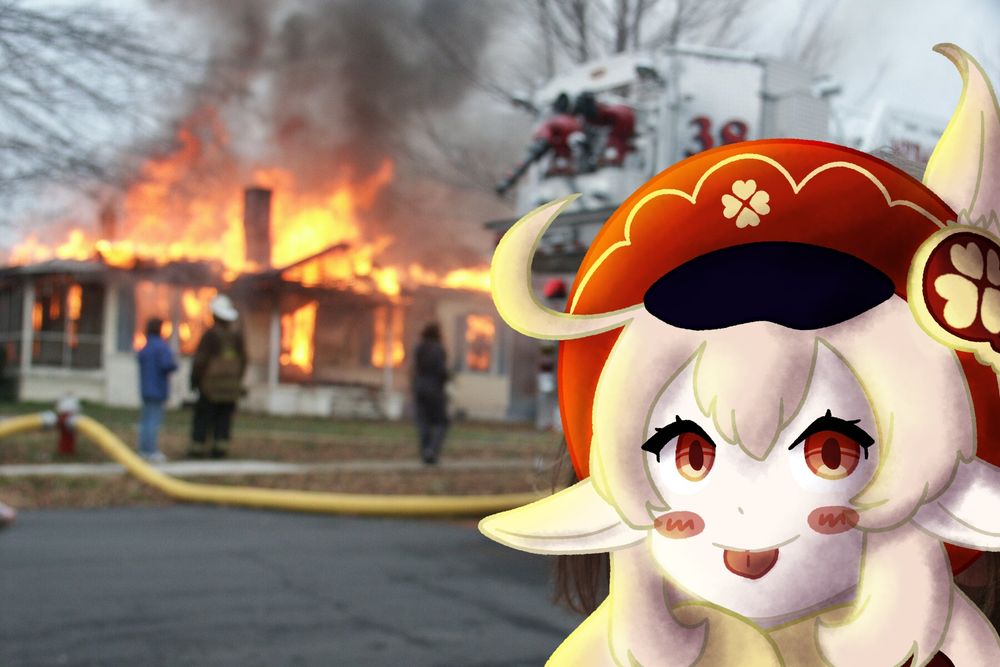 An image of the "Disaster Girl" meme with Klee from Genshin Impact drawn over the girl.

The "Disaster Girl" meme is a photograph featuring a girl smiling ominously while a house burns down in the background. 

Klee is a pale-skinned child with long ears, blonde hair, and red eyes. She's wearing a red hat with a gold design, a white flower, and a black brim. The part of her shirt that's visible is yellow. She's looking at the camera with a smile and a cute blush while sticking out her tongue. 