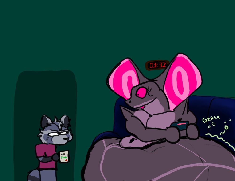 Jackoo stares angrily at Comko, as their shocked expression is unable to cover the grumbling noise coming from their now thicc coils (containing the rabbit).
The clock in the back reads "03:32"