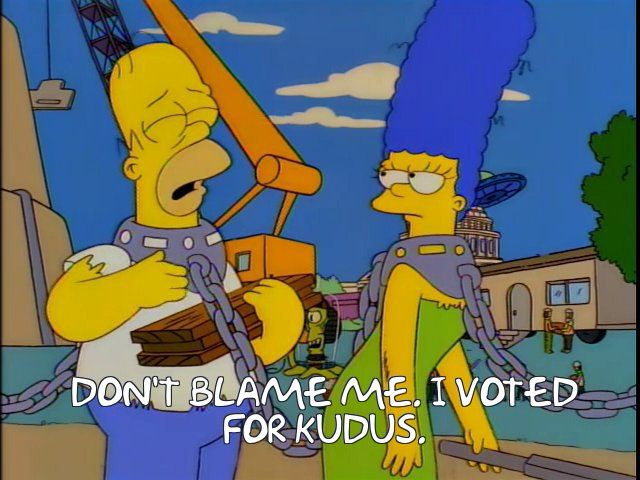 Homer and Marge enslaved the aliens Kang and Kodos, but instead Homer is saying, “don’t blame me. I voted for Kudus.” Because Spurs just signed Mohammed Kudus.