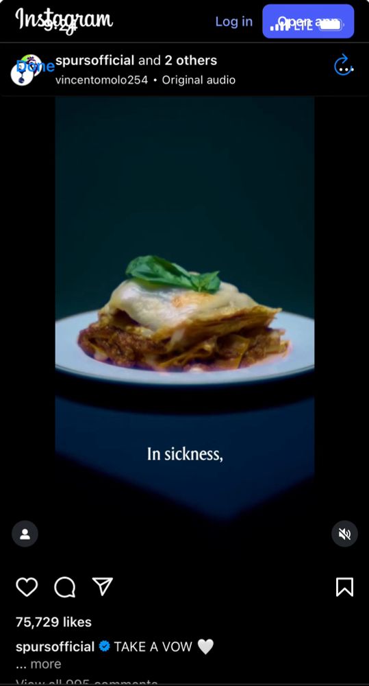 A screen shot from an Instagram reel. A plate of lasagna is shown while pledging to the club “in sickness.” This is a reference to Lasagna Gate.