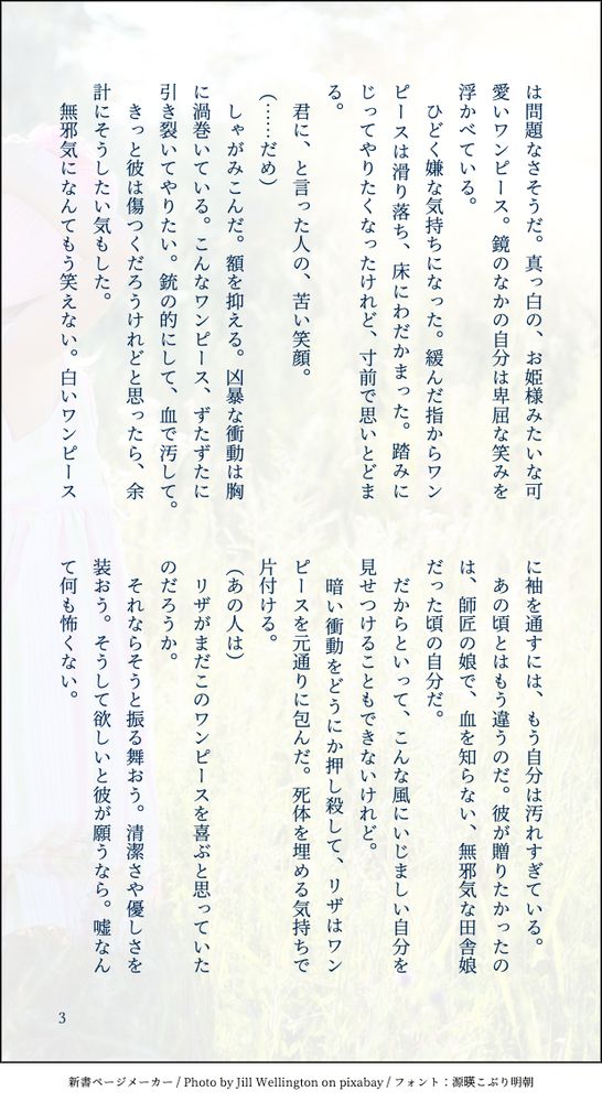は問題なさそうだ。真っ白の、お姫様みたいな可愛いワンピース。鏡のなかの自分は卑屈な笑みを浮かべている。
　ひどく嫌な気持ちになった。緩んだ指からワンピースは滑り落ち、床にわだかまった。踏みにじってやりたくなったけれど、寸前で思いとどまる。
　君に、と言った人の、苦い笑顔。
（……だめ）
　しゃがみこんだ。額を抑える。凶暴な衝動は胸に渦巻いている。こんなワンピース、ずたずたに引き裂いてやりたい。銃の的にして、血で汚して。
　きっと彼は傷つくだろうけれどと思ったら、余計にそうしたい気もした。
　無邪気になんてもう笑えない。白いワンピースに袖を通すには、もう自分は汚れすぎている。
　あの頃とはもう違うのだ。彼が贈りたかったのは、師匠の娘で、血を知らない、無邪気な田舎娘だった頃の自分だ。
　だからといって、こんな風にいじましい自分を見せつけることもできないけれど。
　暗い衝動をどうにか押し殺して、リザはワンピースを元通りに包んだ。死体を埋める気持ちで片付ける。
（あの人は）
　リザがまだこのワンピースを喜ぶと思っていたのだろうか。
　それならそうと振る舞おう。清潔さや優しさを装おう。そうして欲しいと彼が願うなら。嘘なんて何も怖くない。
