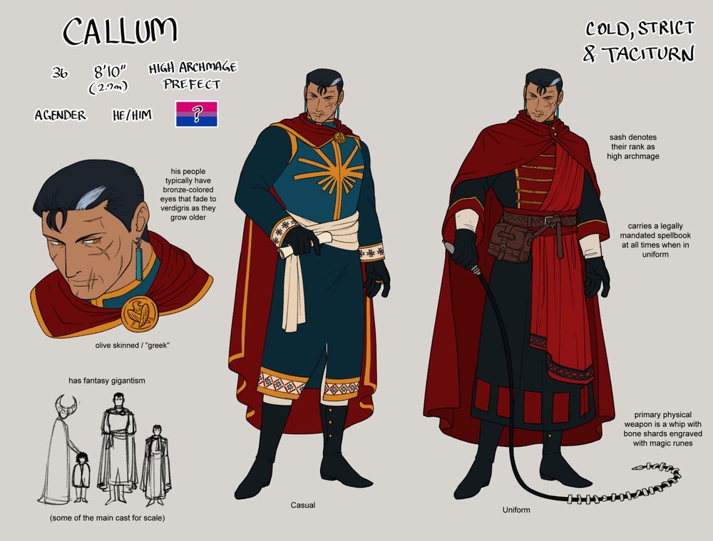 Character sheet in a colored sketch format of a heavily scarred, olive-skinned male original character wearing blue robes and then red robes. He has black hair with a grey patch in it, long rectangular earrings and a red cloak. To the left is a closeup portrait of the character.