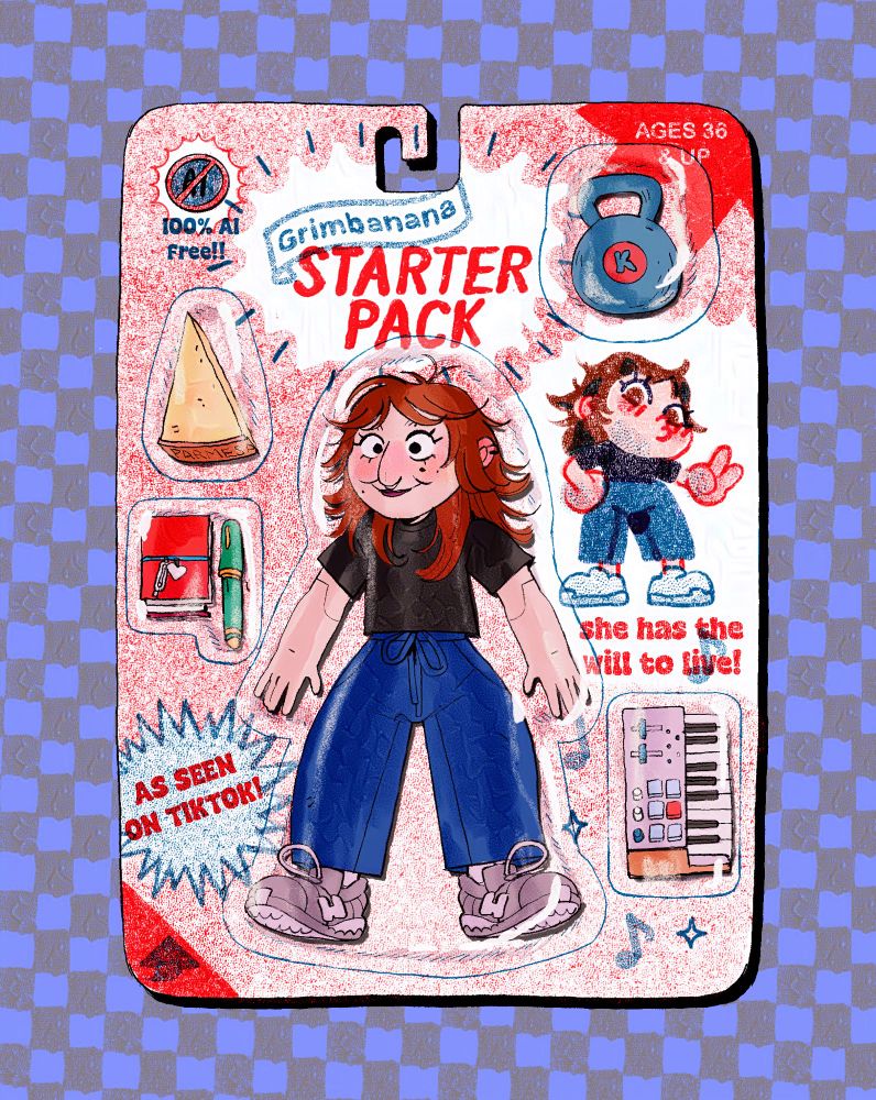 a ”toy” starter pack packaging. it features an action-figure like rendition of myself as a toy together with some accessories - a slab of parmesan, journaling stuff, a kettlebell and a small MIDI keyboard for music production. 