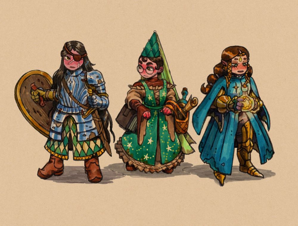 an illustration of three female characters. one is a knight with a sword, shield and armor. the second is a herbalist wearing greens and browns, a book and a basket of supplies. the third is a battle-mage, wearing a blue robe over armored greaves, a star in a bottle held in her hands. 