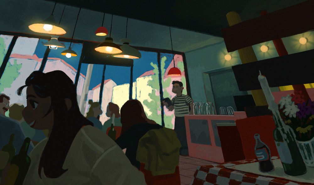 digital painting of the interior of a restaurant in Bucharest, Romania.
