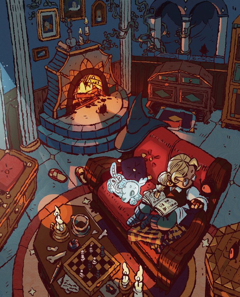 A drawing of a castle room with a large fireplace and a plush red couch on which rests a small ghostly dog and a female figure reading a book. Small black creatures with a single red eye are hanging around the room as well, one on the shoulder of the figure on the couch telling her something in an animated manner. The atmosphere is cozy but also mysterious.