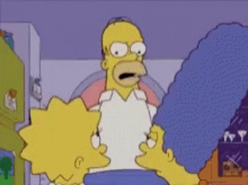 a cartoon of homer simpson standing in a hallway with two women