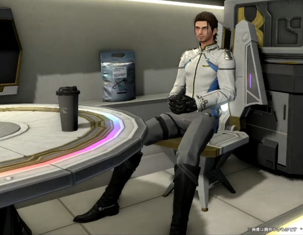 A picture of Meteor (FFXIV) sitting at a coffee table, his legs squarely spread, and hands cupped together. Despite his lack of expression, he looks like he is patiently waiting for something.
