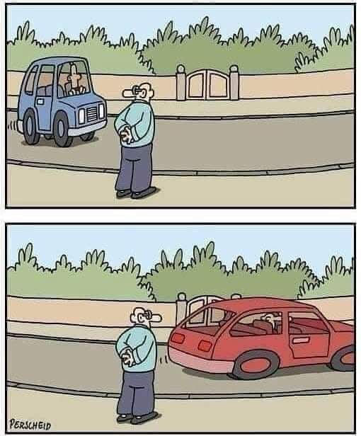 Man watching a short length blue car turn red and lengthen as it speeds past him - yeah Doppler 