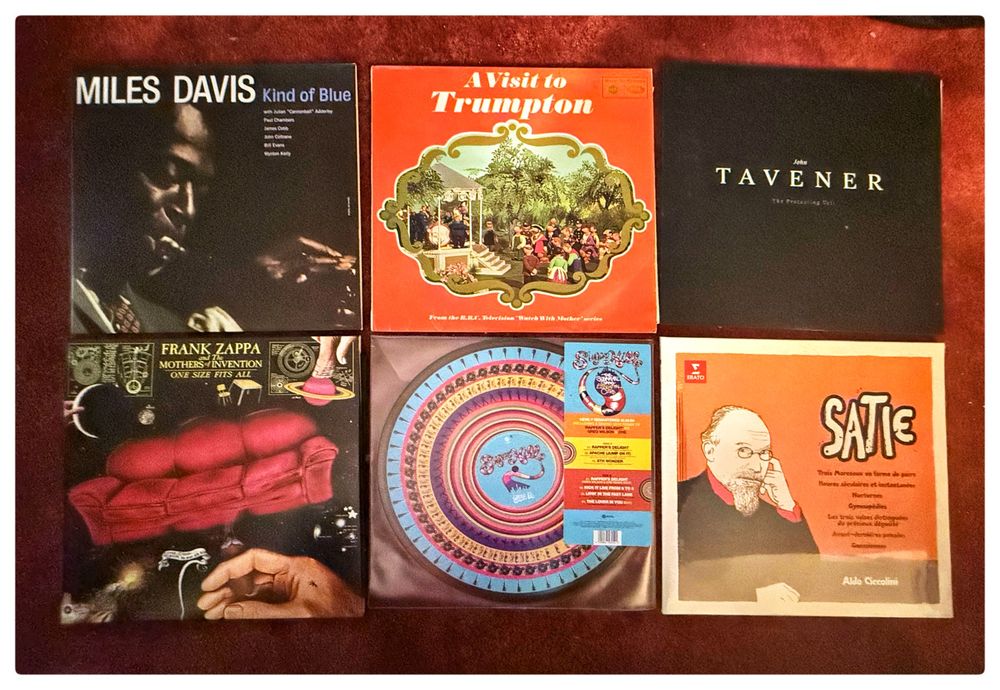 Miles Davies kind of blue, Zappa one size fits all, SugarhillGang first album, Satie piano pieces, Tavener the protecting veil, the music of Trumpton