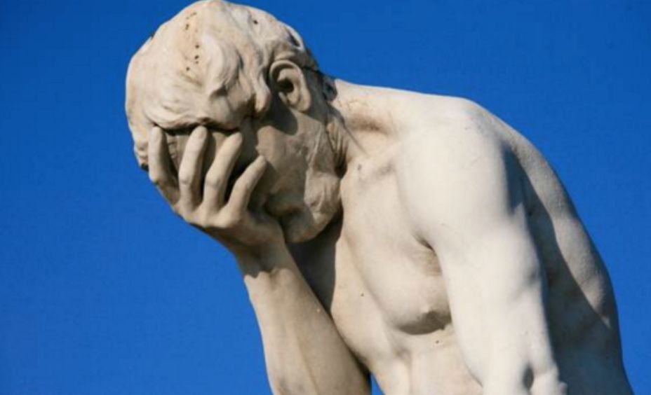 A sculpture that looks like it was made by Rodin but the dude his holding his face in his hands seemingly out of embarrassment. Maybe it's a fake sculpture. I don't know, I'm not an art historian but you get the idea. Hey, hope you're all right despite the large-scale ruins we face daily 