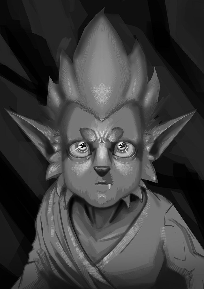 Finished art for the main character of Wuxia Werewolf. The character is staring intently at the moon, with a shadow of a monster reflected in his eyes.