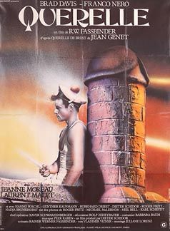 Poster for Querelle (1982) showing a young sailor man leaning against an extremely phallic stone pillar