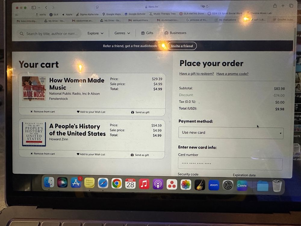 A checkout screen on libro.fm for audiobooks of How Women Made Music and A People’s History of the United States for $4.99 each.  The total savings is $74.