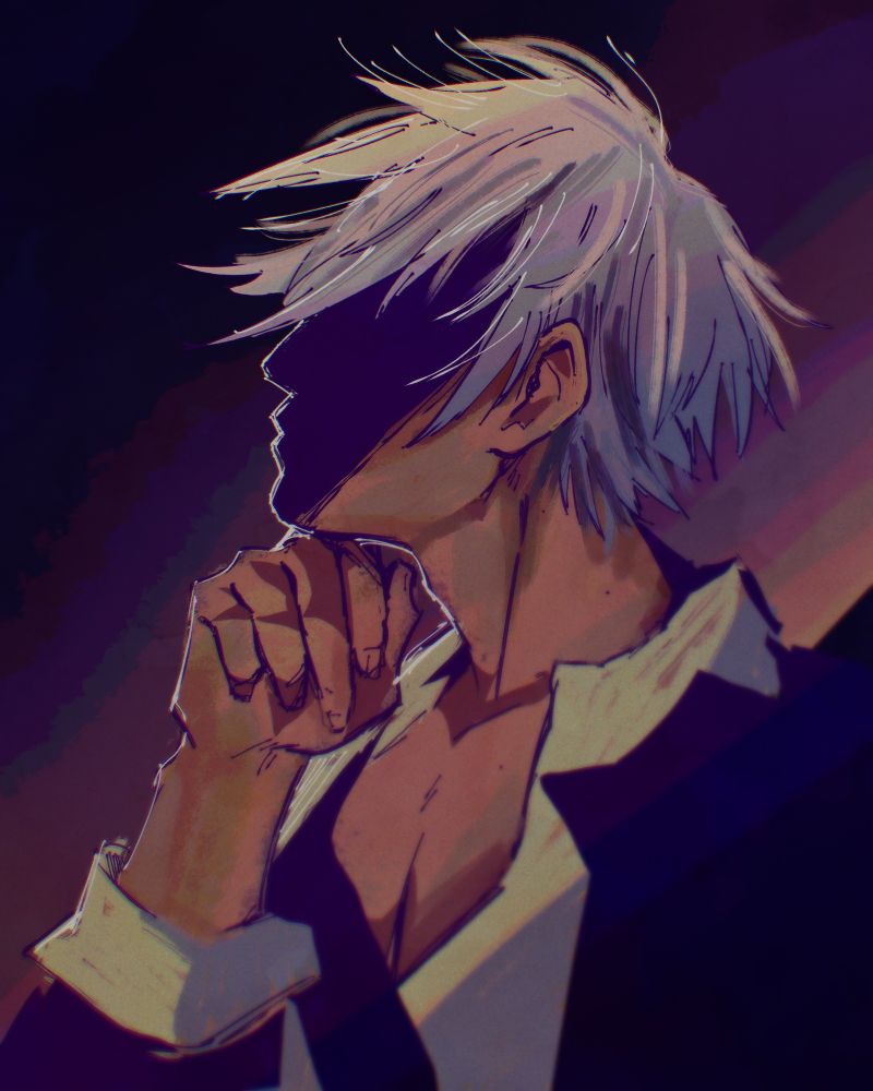 Digital illustration of Moxie from See You Next Twilight. We see him in profile view, and he rests his chin on his hand. His face is obscured by shadow, save for his ear. He is wearing a collared dress shirt, unbuttoned enough to show off his chest because he is a tumblr sexyman.