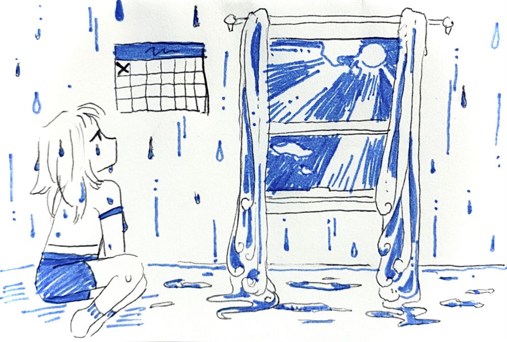 Simple traditional illustration of a girl sitting on the ground. She stares at a calendar hung up on the wall, which has the first day of the month crossed off. To her right is a window, through which one can see the sun shining through clouds. Rain falls all around her, and the window drapes look like waves spilling onto the ground.